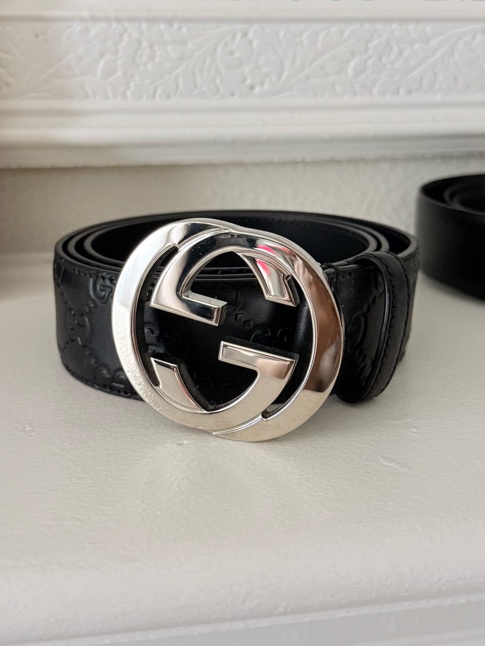 Gucci Black Leather GG Embossed Belt with Silver Interlocking G Buckle